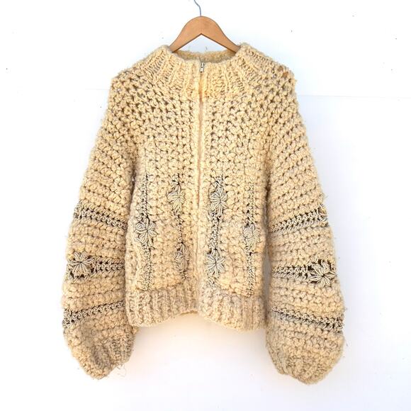 Vintage Norma Canada Sweater Chunky Knit Crochet Boho Beige Wool Full Zip Small - Picture 2 of 8